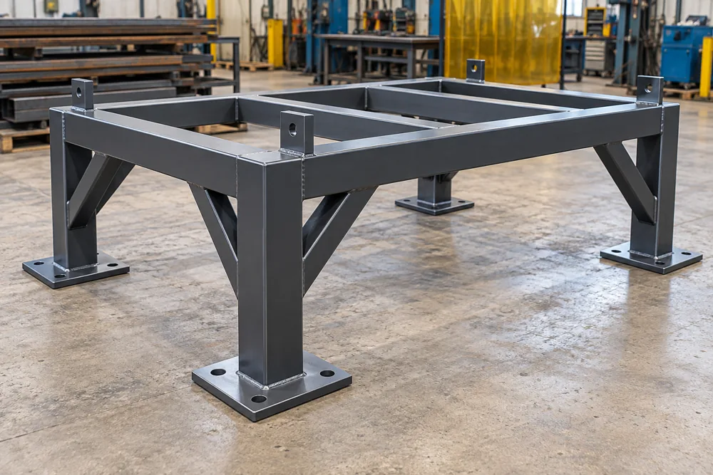 Purpose-made steel support frame with drilled base plates