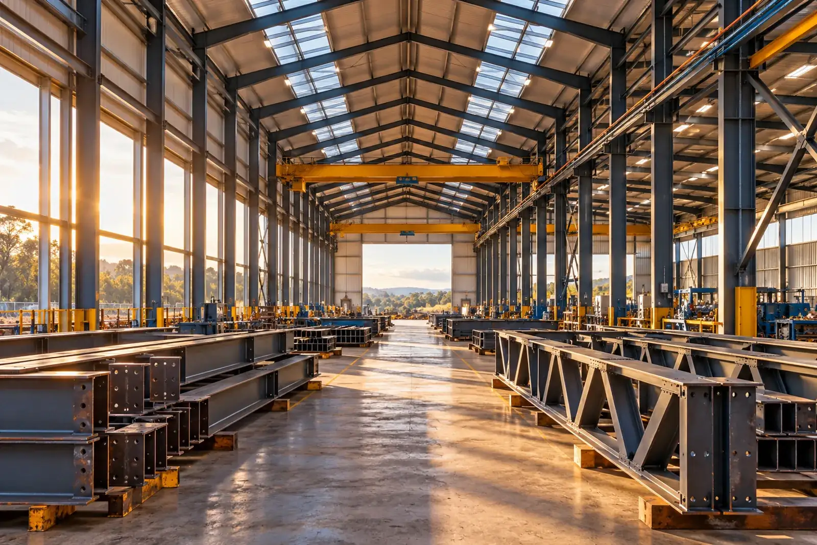 Steel columns and roof trusses forming a long workshop aisle