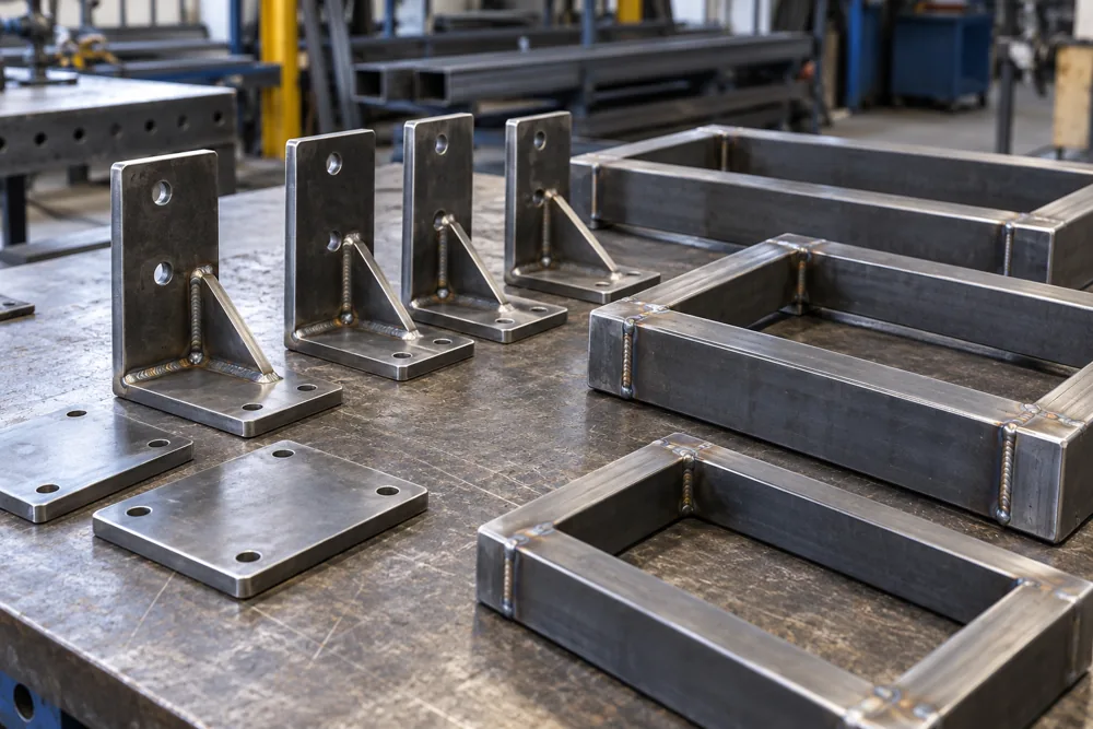 Steel brackets, plates and fabricated frames on a workbench
