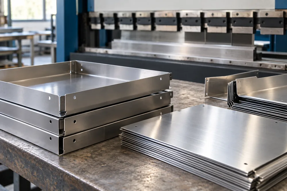 Folded metal trays and panels on a workshop bench
