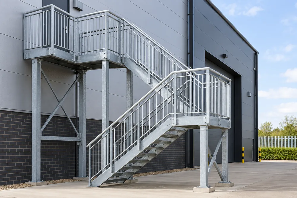 External galvanised steel stair and balustrade at a commercial building