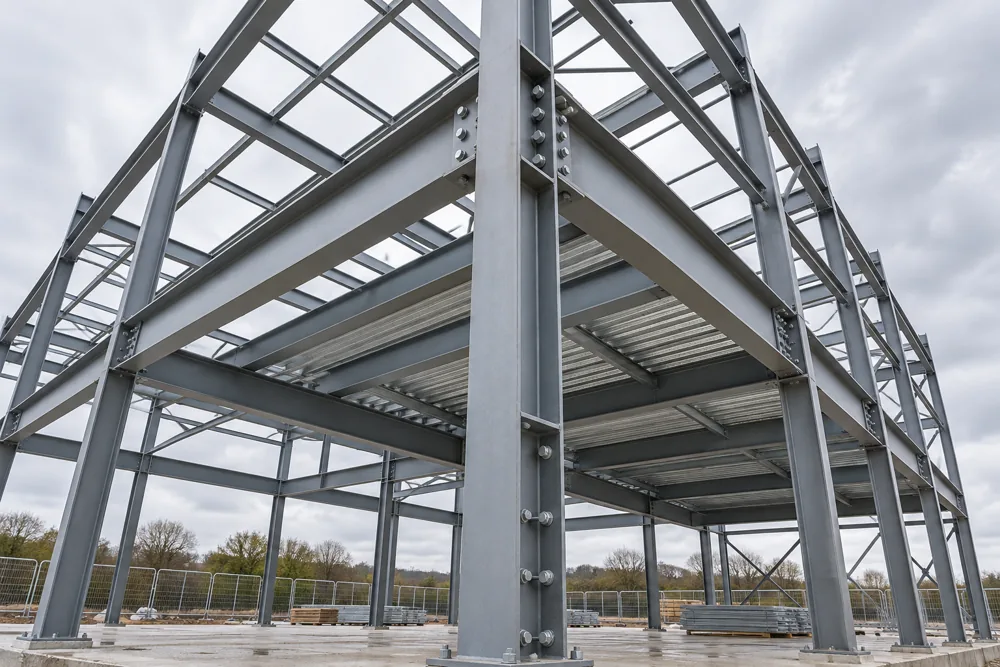 Bolted structural steel beams at a commercial construction site