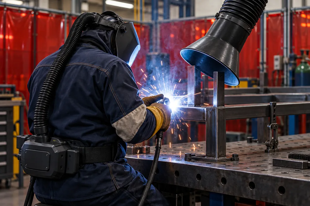 Welder using protective equipment and extraction in a screened workshop